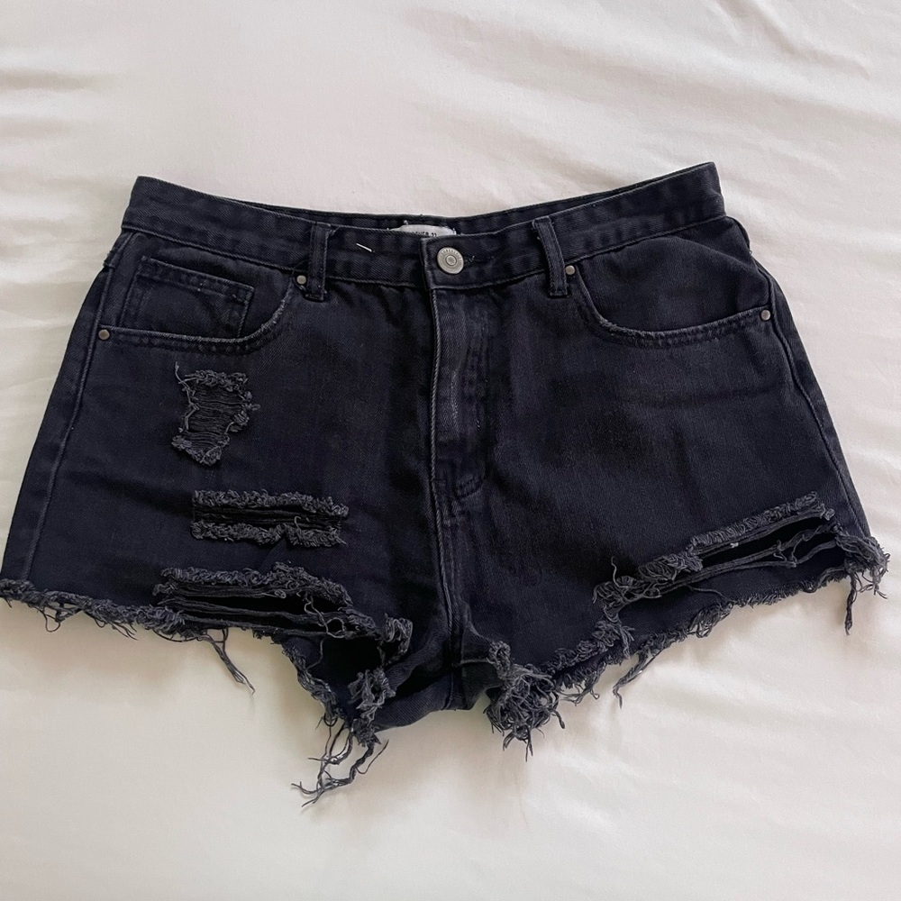 Distressed Black Denim Shorts